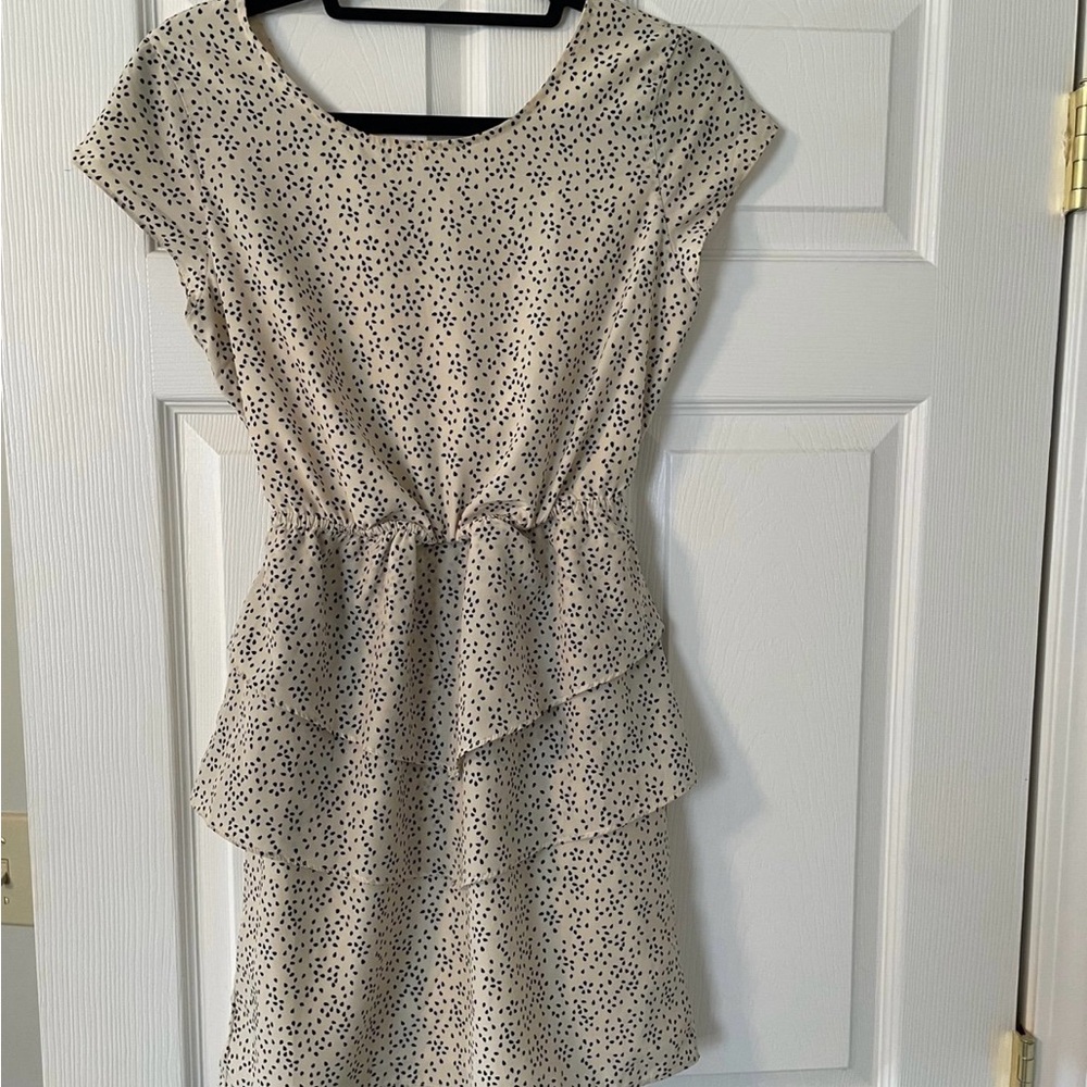 Cream and Black Peplum Mini Dress with Scoop Neck